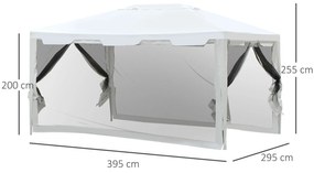 Tenda Pérgola de jardim 4x3 m com redes mosquiteiras laterais de telhado duplo e portas com fecho preto e branco