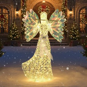 Anjo de Natal LED 158 cm com auréola e flauta pré-iluminado com 250 luzes para interior e exterior com laços branco quente
