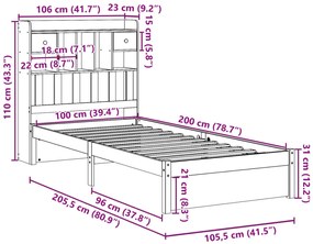 Cama com estante sem colchão 100x200 cm pinho maciço