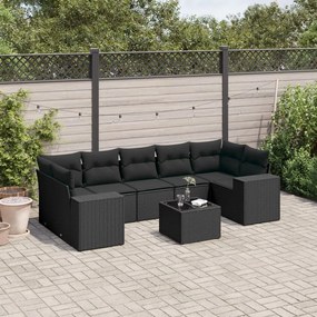 8 pcs conjunto sofás de jardim com almofadões vime PE preto