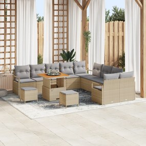 Conjunto de Sofá de Jardim vidaXL com 13 Peças e Almofadas Bege Rattan Poliéster Acácia