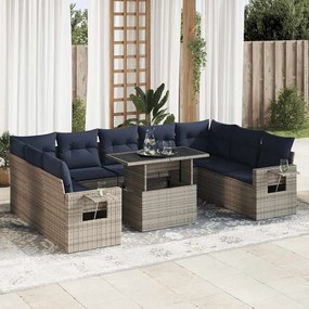 10 pcs conjunto sofás jardim almofadões vime PE/acácia cinzento