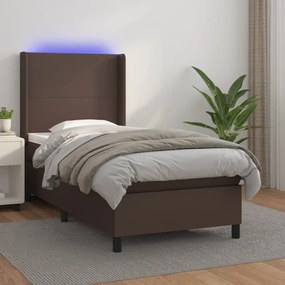 vidaXL Cama box spring c/ colchão/LED 90x190 cm couro artif. castanho