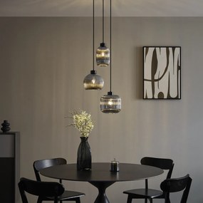 Candeeiro suspenso de design preto com vidro fumado e 3 luzes - Ana