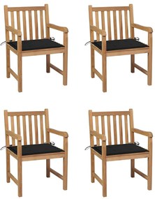 vidaXL Cadeiras de jardim c/ almofadões pretos 4 pcs teca maciça
