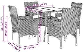 5 pcs conjunto jantar jardim c/ almofadões vime PE/vidro cinza