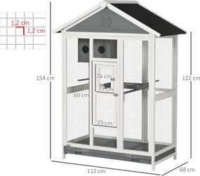 Gaiola grande para pássaros 112 x 68 x 154 cm, para interior e exterior, com 4 poleiros e tabuleiro de areia deslizante, cinzenta