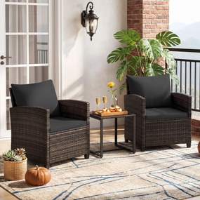 Conjunto de 3 móveis de rattan para jardim, com 2 cadeiras, mesa de vidro e almofadas pretas com capas removíveis, para jardim, terraço ou piscina Cas