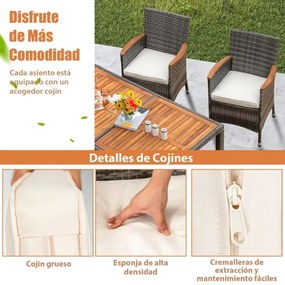 Conjunto de jantar Jardim de 7 peças Rattan PE Conjunto de móveis de rattan com mesa retangular de madeira 6 cadeiras almofadas para pátio jardim terr