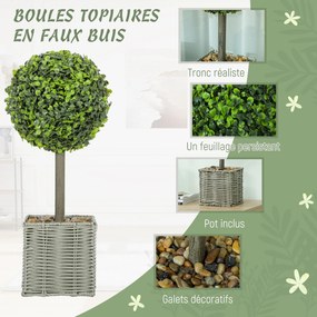 Conjunto de 2 plantas artificiais decorativas, bolas de buxo artificial de 50 cm com vaso de plástico trançado e seixos, verde