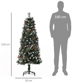 Árvore de Natal Artificial 150cm Ignífugo com 360 Ramos 38 Bagas Folhas de PVC Base Dobrável e Suporte Metálico Verde