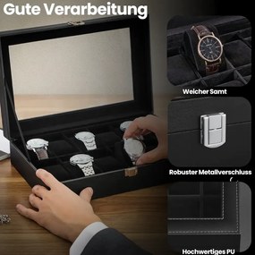 Caixa para relógios com 12 compartimentos 20,2 x 30,2 x 7,8 cm Preto