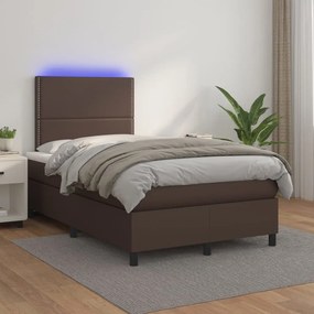 Cama box spring c/ colchão/LED 120x200 cm couro artif. castanho