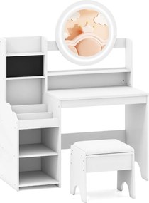 Toucador infantil com espelho e luzes para princesas, com estantes e ranhuras para anéis e banquinho branco