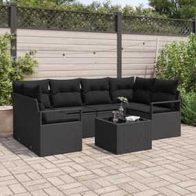 Conjunto de Sofás de Jardim de 7 peças com almofadas Preto Rattan Poli