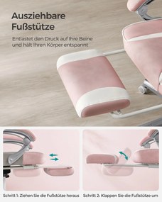 Cadeira Gaming com encosto reclinável e almofada para o apoio de cabeça Rosa pastel + branco creme