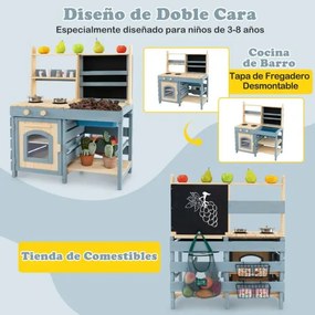 Cozinha de Brincar 2 em 1 para exterior 80 x 49 x 94 cm com torneira removível e cestos metálicos para crianças de 3 a 8 anos, azul