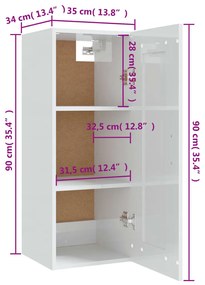 Armário suspenso 35x34x90cm madeira processada branco brilhante