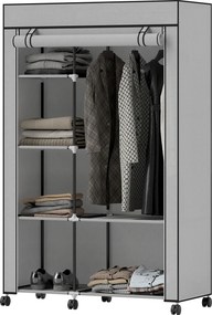 Guarda roupa em tecido, móvel de arrumação com 6 rodas, varão para roupa e prateleiras abertas, 103 x 43 x 162,5 cm, cinzento