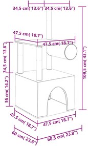 Árvore gatos c/ postes arranhadores sisal 109,5 cm cinza-claro