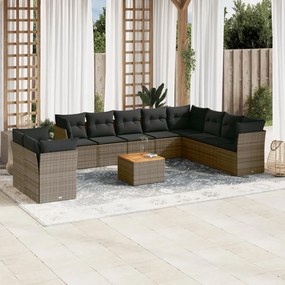 11 pcs conjunto sofás de jardim c/ almofadões vime PE cinzento
