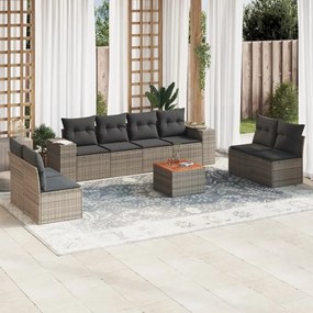 9 pcs conjunto sofás p/ jardim com almofadões vime PE cinzento