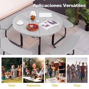 Conjunto de jardim para 8 pessoas com mesa e 4 bancos, orifício para guarda-sol e mesa de campismo redonda para piquenique no jardim Carga 225 kg Cinz