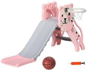 AIYAPLAY Escorrega para Crianças 2 em 1 com 2 Degraus Cesta de Basquetebol e Desenho de Tigre para Interior 133x60x70 cm Rosa | Aosom Portugal