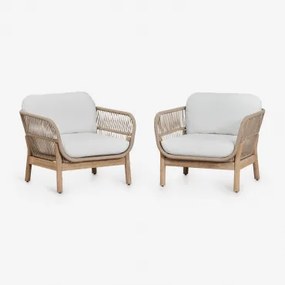 Pack De 2 Poltronas De Jardim Em Madeira De Acácia E Corda Trançada Karvia Marrom Acácia Claro & Tecido Branco - Sklum