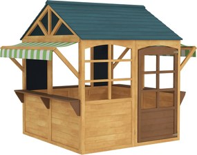 AIYAPLAY Casinha de Jogos Infantil de Madeira com Janelas Lousas Telhado e Toldo 173x117x144 cm Madeira Natural | Aosom Portugal