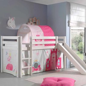 Conjunto Cama alta de Criança PINO 90 x 200 cm + estrado + escada + escorrega + cortina + túnel Princesa branca
