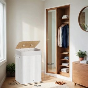 Cesto para roupa em bambu de 72 L, 40 x 30 x 60 cm branco