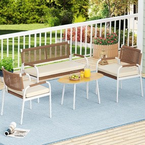 Conjunto de jardim de 4 peças: sofá de 2 lugares em rattan PE com 2 poltronas, almofadas e mesa em vidro temperado para varanda ou jardim, Castanho e