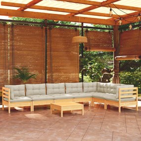 vidaXL 8 pcs conjunto lounge jardim c/ almofadões creme pinho maciço