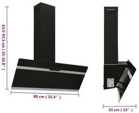 Exaustor de parede 90 cm aço e vidro temperado preto