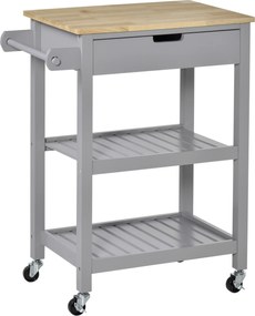 HOMCOM Carrinho de Cozinha com Rodas e Tampo em Madeira 2 Prateleiras 1 Gaveta 66,5x40x84,5 cm Cinza | Aosom Portugal