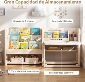 Conjunto de secretária e cadeira infantil com estantes laterais, cestos de arrumação, quadro branco apagável e estantes abertas para crianças a partir