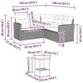 Sofá de jardim forma de L c/ mesa e almofadões vime PE cinzento