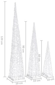 Conj. cones decorativos acrílico 60/90/120cm LEDs branco frio
