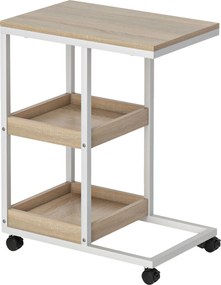HOMCOM Mesa Auxiliar em Forma de C com Rodas Prateleiras Abertas e Estrutura em Aço para Sala ou Quarto 51x33x66 cm Madeira e Branco | Aosom Portugal