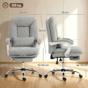 Cadeira de escritório ergonómica, cadeira de escritório reclinável em veludo com apoio lombar, altura ajustável, cinzento claro