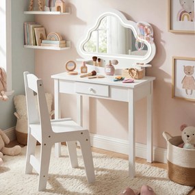 Conjunto de Toucador Infantil com Cadeira, 59 x 35 x 103,5 cm, Espelho em Forma de Nuvem com Luz LED, Branco