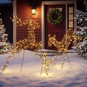 Conjunto de 3 Renas Luminosas de Natal para Exterior, 75 x 25 x 120 cm, 200 LED Branco Quente, Castanho