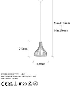 Candeeiro Suspenso Telyildo – Preto Antigo – 20 x 20 x 117 cm