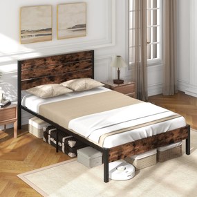 Cama de 140x200 cm com base de metal e plataforma, cabeceira de madeira, ripas de 32 cm, sem necessidade de molas, marrom rústico