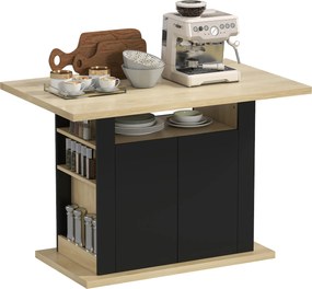 Mesa de jantar em ilha central de cozinha com ampla bancada para 4-6 pessoas, armário de 4 portas, 110 x 70 x 75,5 cm, preto e natural