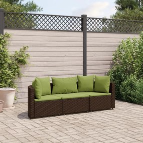 3 pcs conjunto sofás de jardim com almofadões vime PE castanho