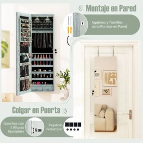 Armário de joias em madeira com espelho de parede e LED interno Organizador de porta ou parede com chave 35,5 x 10 x 120 cm Azul