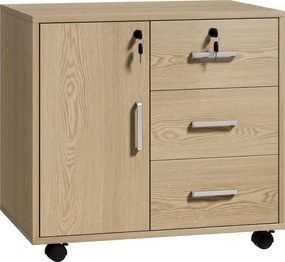 HOMCOM Gaveteiro de escritório móvel de arrumação trancável com 3 gavetas e prateleira ajustável, rodízios, 40 x 60 x 56 cm, castanho claro | Aosom Portugal