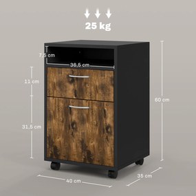 Bloco gavetas de secretária com rodas, gaveta, compartimento aberto para documentos e pasta suspensa, 40 x 35 x 60 cm, castanho rústico
